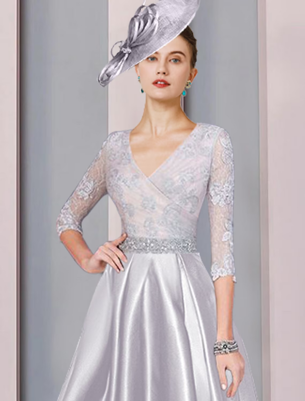 Mother of the Bride Dress Formal Elegant V Neck Asymmetrical Ankle Length Sleeve with Crystals Appliques