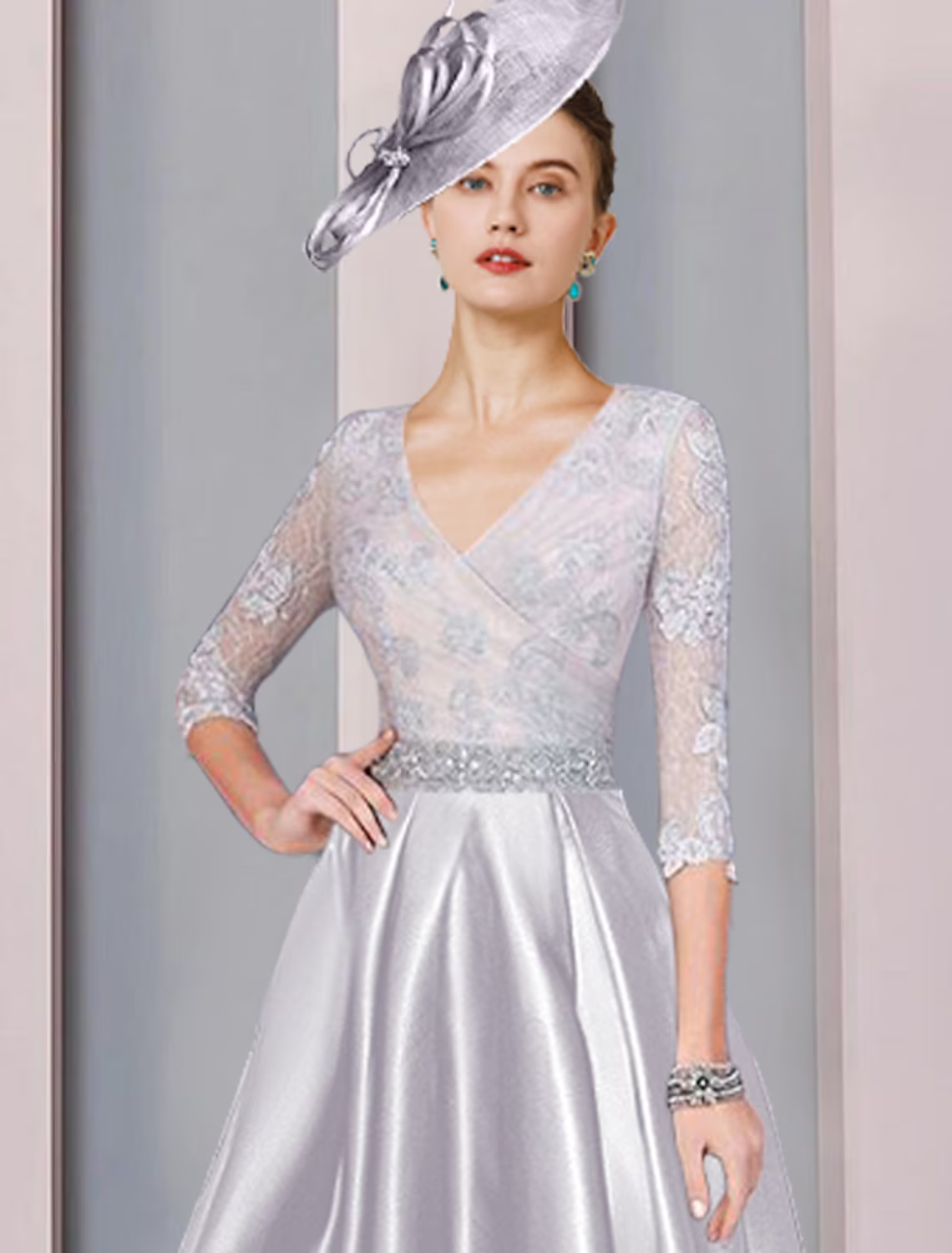 Mother of the Bride Dress Formal Elegant V Neck Asymmetrical Ankle Length Sleeve with Crystals Appliques