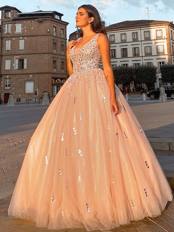 Ball Gown V-neck Beading Sleeveless Floor-Length Dresses