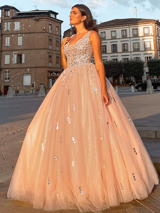 Elegant Red Beaded Ball-Gown V-Neck Sleeveless Classic-Back Floor-Length Evening Dress