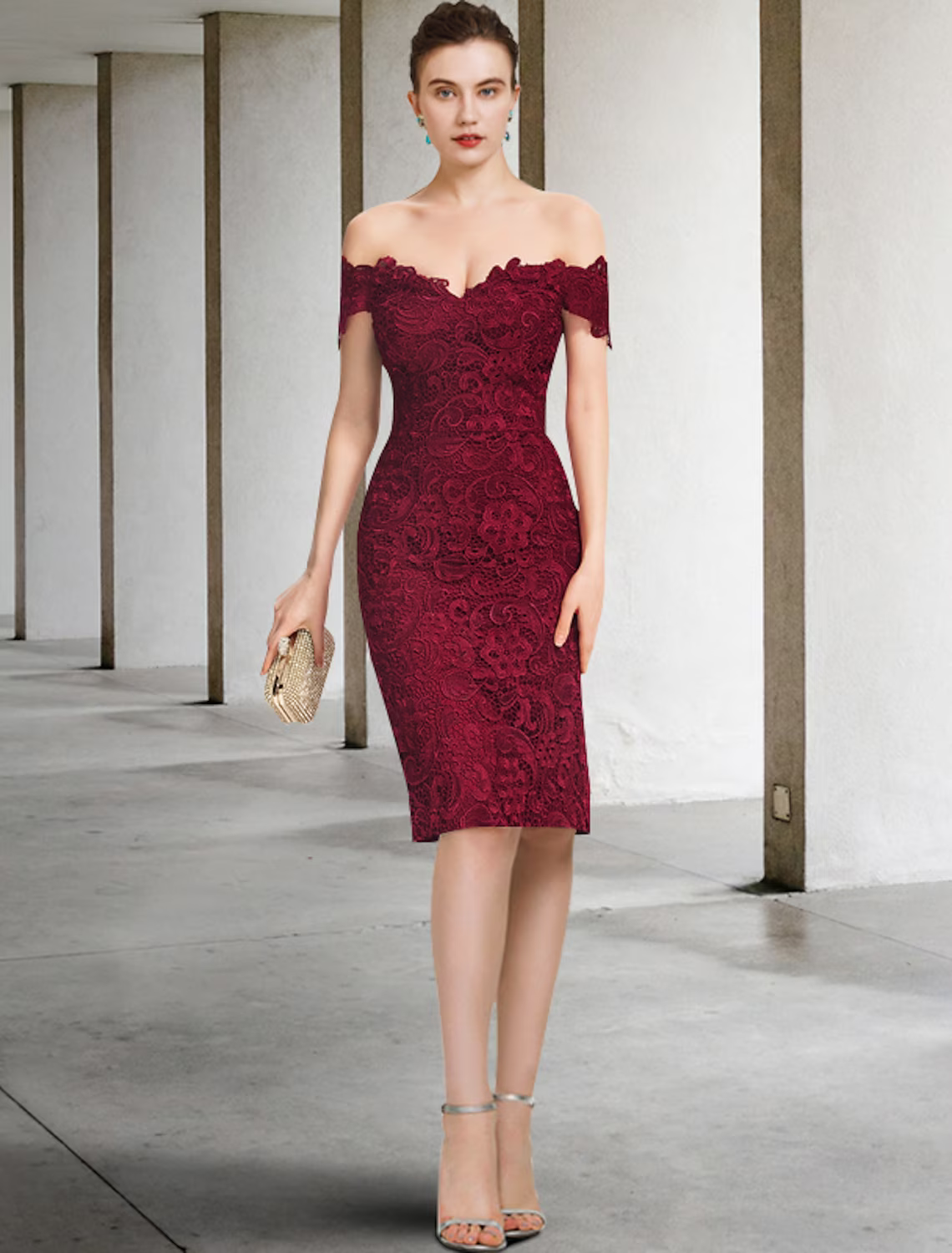 Two Piece Mother of the Bride Dress Formal Wedding Guest Party Elegant Off Shoulder Knee Length Short Sleeve with Appliques