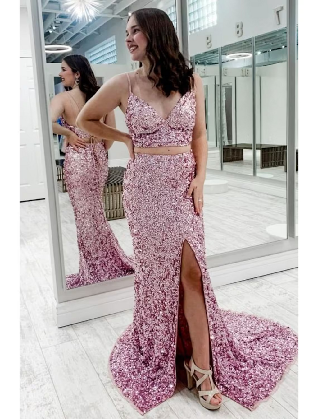 Sparkle Shine Dress Party Wear Sleeveless Strap Backless with Slit