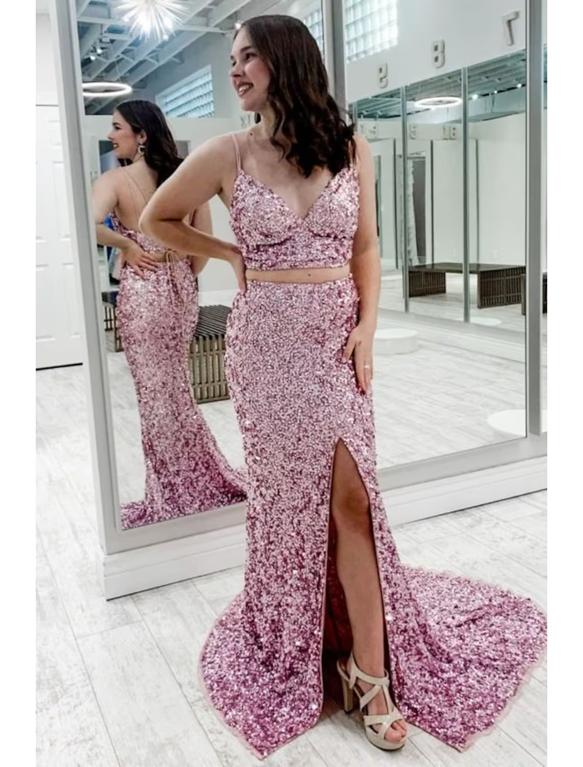 Sparkle Shine Dress Party Wear Sleeveless Strap Backless with Slit