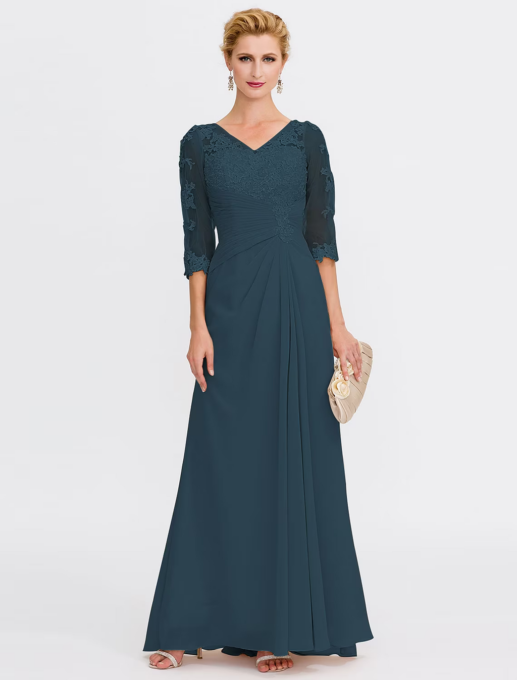 Mother of the Bride Dress Plus Size Elegant Through V Neck Floor Length Half Sleeve with Appliques Side Draping