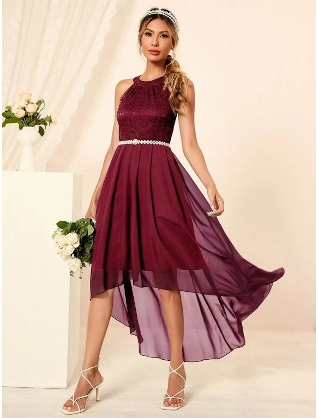 Minimalist Elegant Party Wear Cocktail Party Dress Halter Neck Sleeveless Asymmetrical Nylon with Pleats