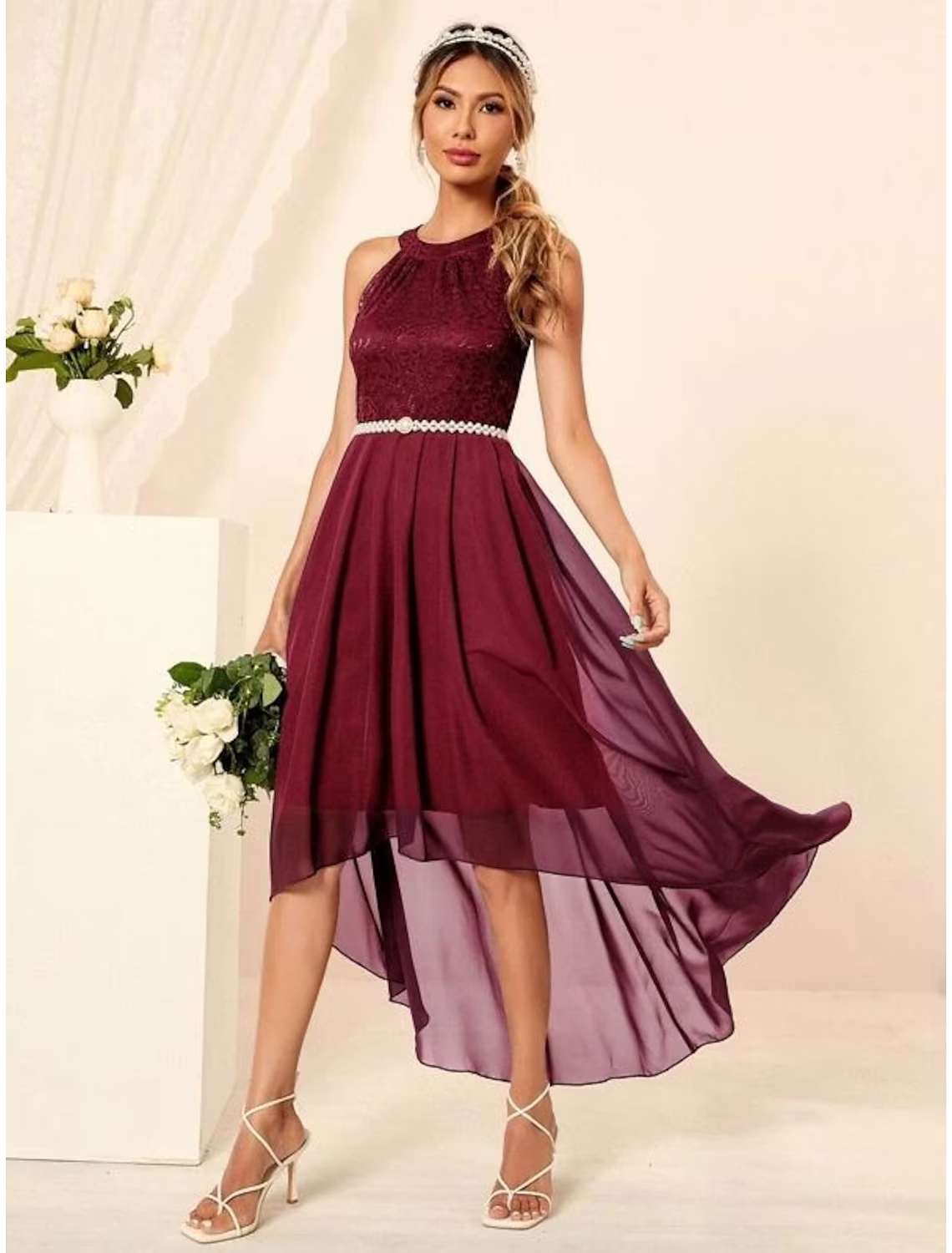 Minimalist Elegant Party Wear Cocktail Party Dress Halter Neck Sleeveless Asymmetrical Nylon with Pleats