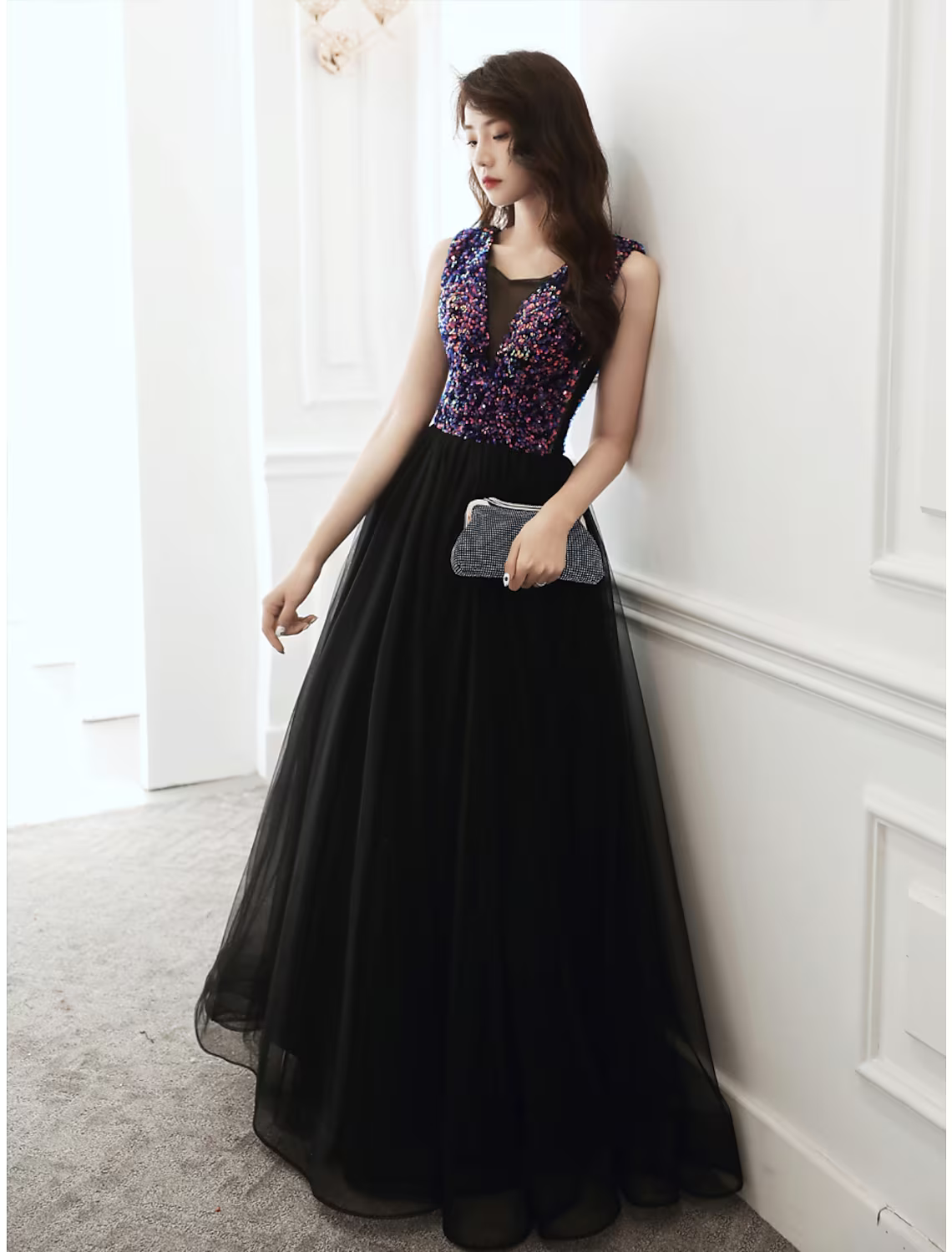 Glittering Wedding Guest Prom Dress V Neck Sleeveless Floor Length