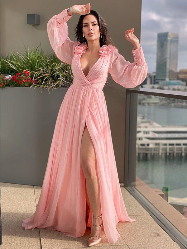 A-Line/Princess 30D Ruffles V-neck Long Sleeves Sweep/Brush Train Dresses
