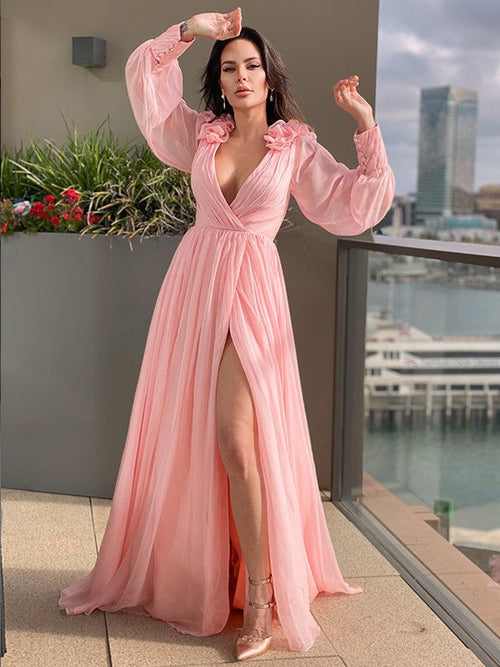 A-Line/Princess 30D Ruffles V-neck Long Sleeves Sweep/Brush Train Dresses