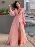 A-Line/Princess 30D Ruffles V-neck Long Sleeves Sweep/Brush Train Dresses