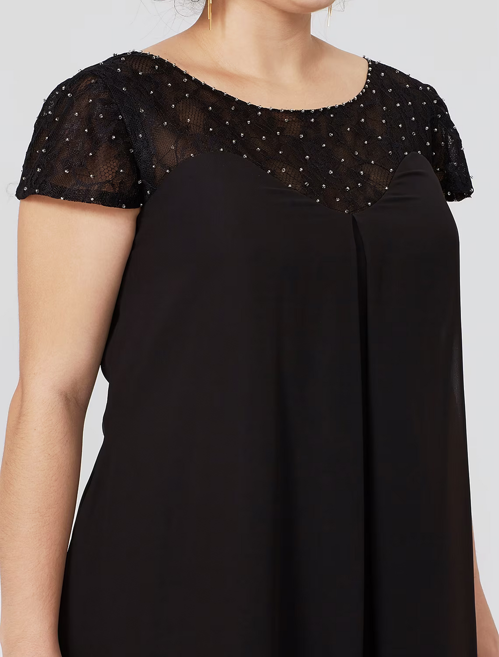 Black Mother of the Bride Dress Formal Little Dress Plus Size Knee Length Short Sleeve No with Pleats Beading