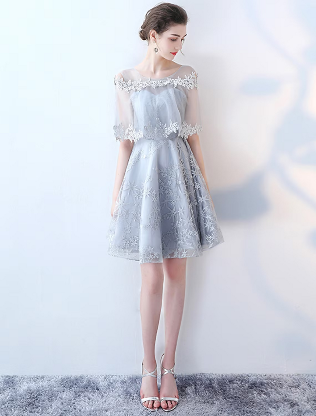 Party Wear Cocktail Party Dress Jewel Neck Half Sleeve Short Mini with Insert Pattern Print
