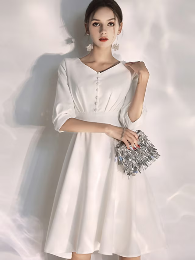 White Bachelorette Party Little Dresses Wedding Dresses Knee Length A-Line Half Sleeve V Neck Fabric