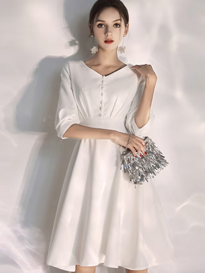 Elegant White A-Line V-Neck Classic-Sleeve Classic-Back Knee-Length Wedding Dress