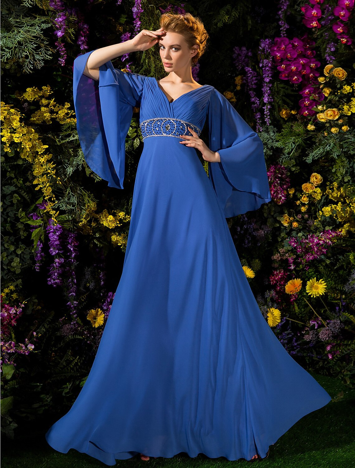 Mother of the Bride Dress Vintage Inspired V Neck Floor Length Long Sleeve with Crystals Beading Side Draping