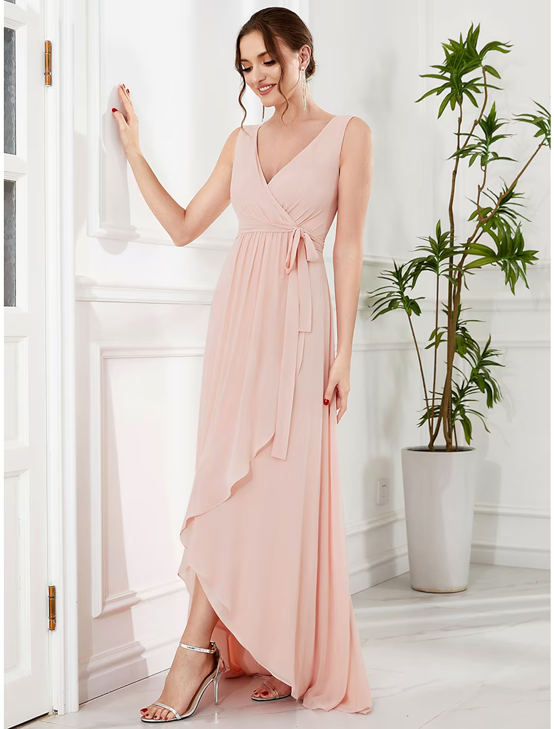 Wedding Guest Dresses Elegant Dress Party Wear Asymmetrical Sleeveless V Neck with Ruffles Strappy