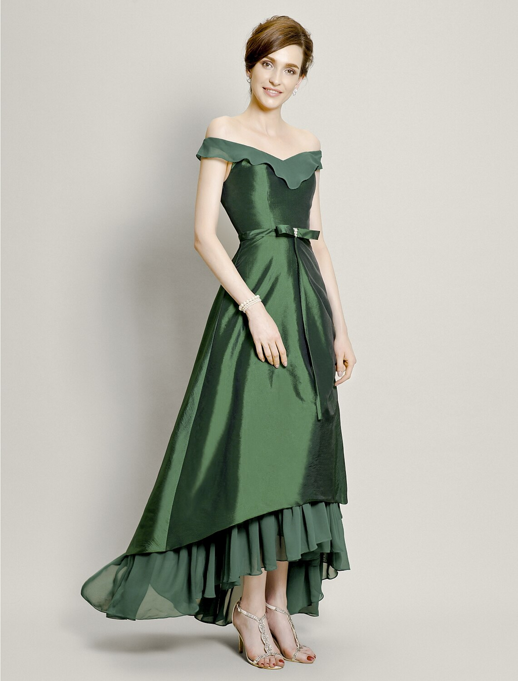Mother of the Bride Dress Elegant High Low Off Shoulder Asymmetrical Short Sleeve with Pick Up Skirt Bow(s) Beading