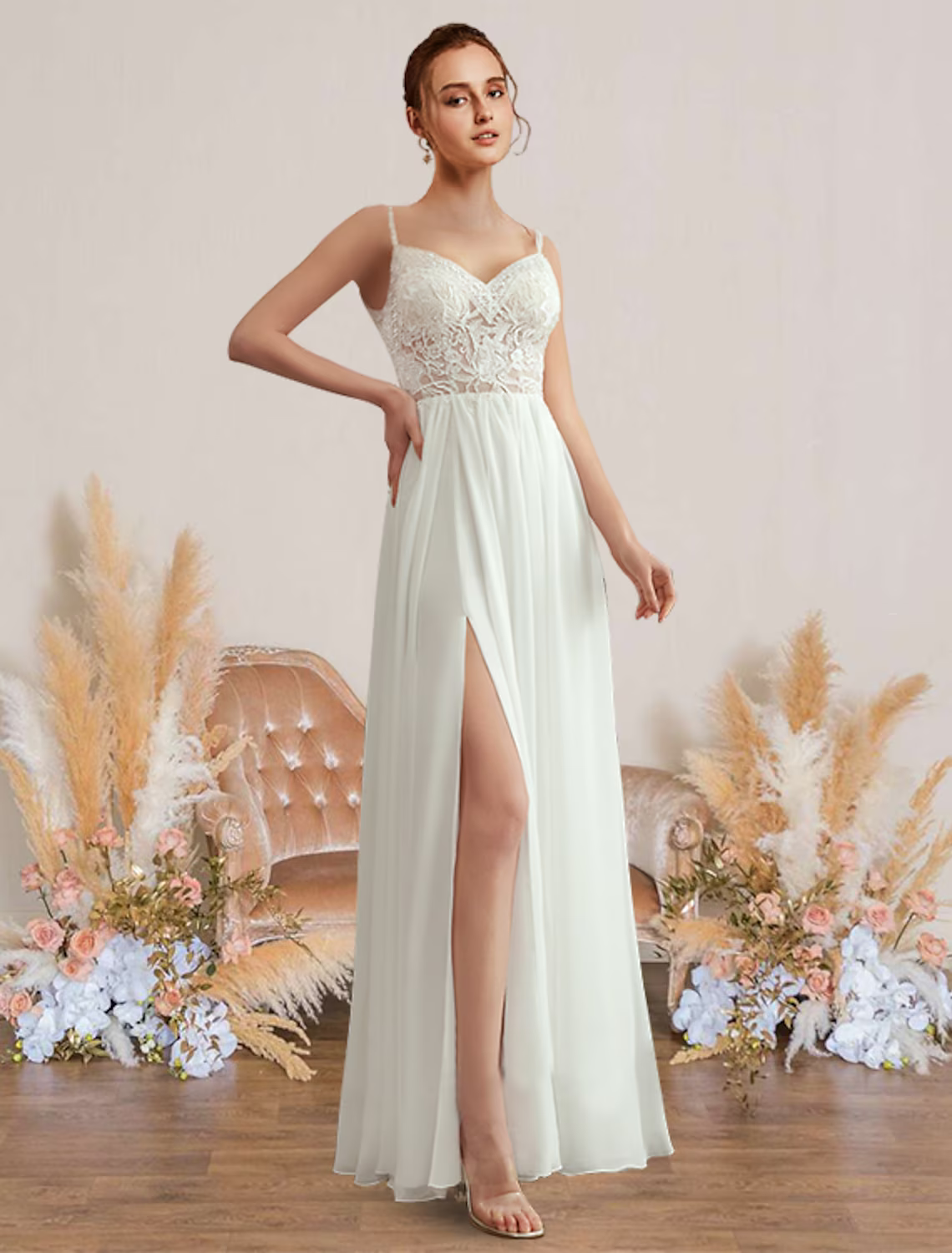 Beach Wedding Dresses Floor Length Sleeveless Strap V Neck With Pleats Appliques