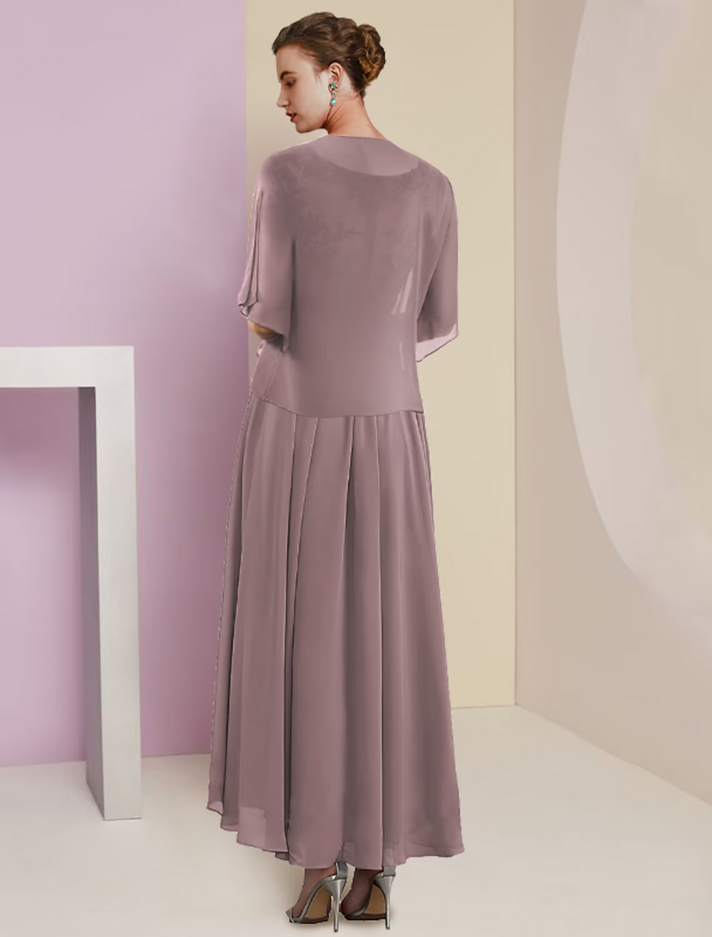 Two Piece A-Line Mother of the Bride Dress Formal Wedding Guest Elegant V Neck Length Short Sleeve Wrap Included with Pleats Appliques