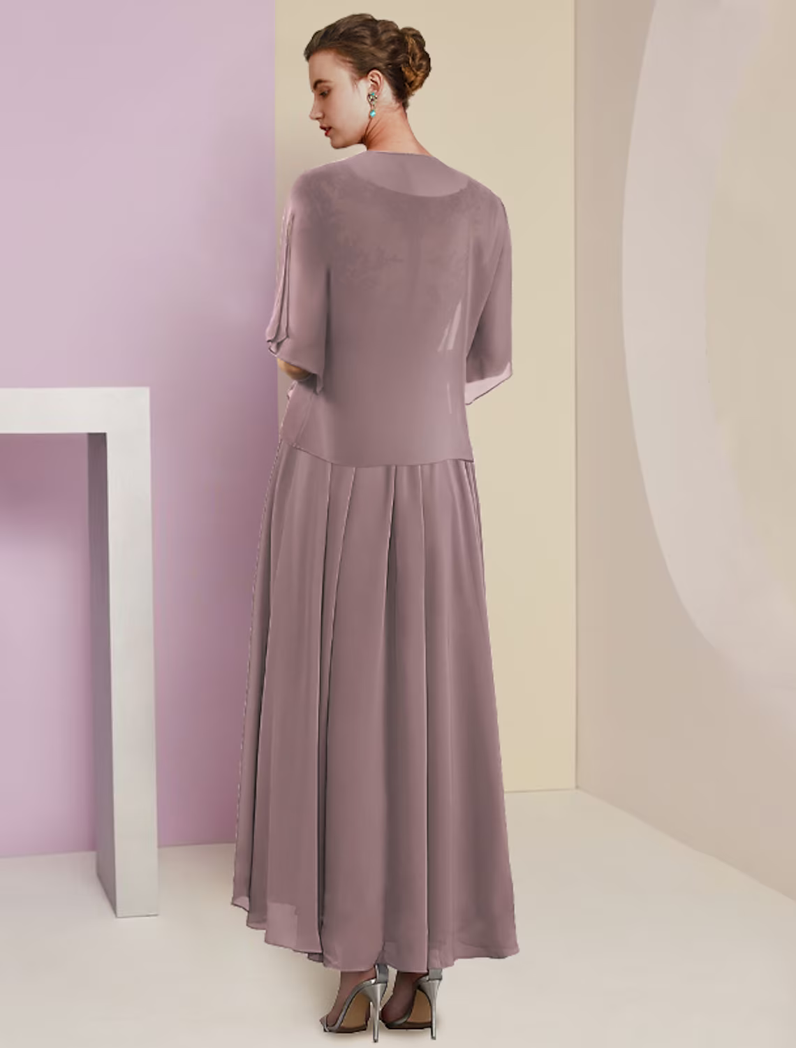Two Piece A-Line Mother of the Bride Dress Formal Wedding Guest Elegant V Neck Length Short Sleeve Wrap Included with Pleats Appliques