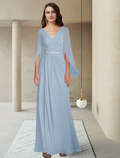 Mother of the Bride Dress Elegant V Neck Ankle Length Long Sleeve with Crystal Brooch Ruching