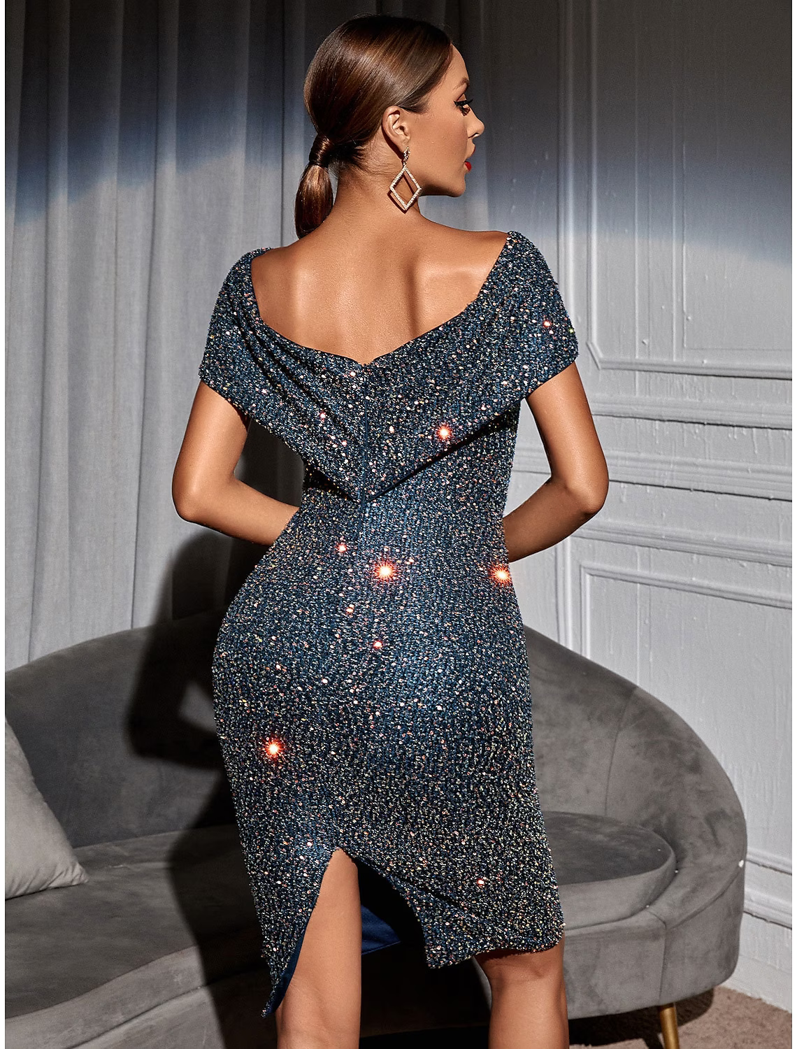 Vintage Dress Homecoming Length Short Sleeve Off Shoulder Backless V Back with Slit