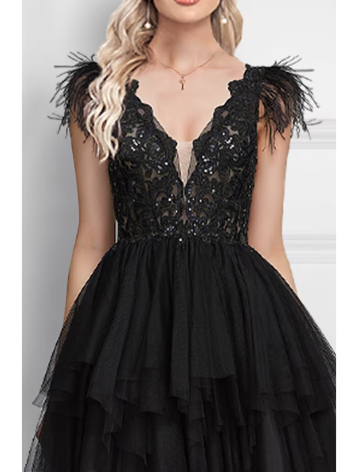 Black Dress Wedding Party Floor Length Sleeveless V Neck with Feather Appliques
