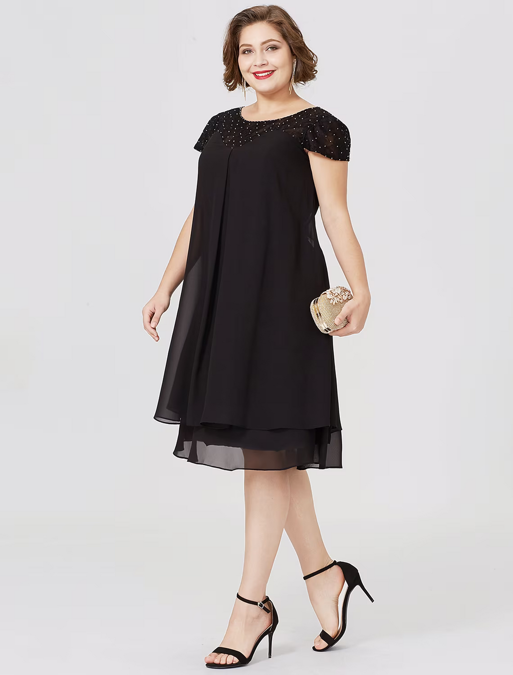 Black Mother of the Bride Dress Formal Little Dress Plus Size Knee Length Short Sleeve No with Pleats Beading