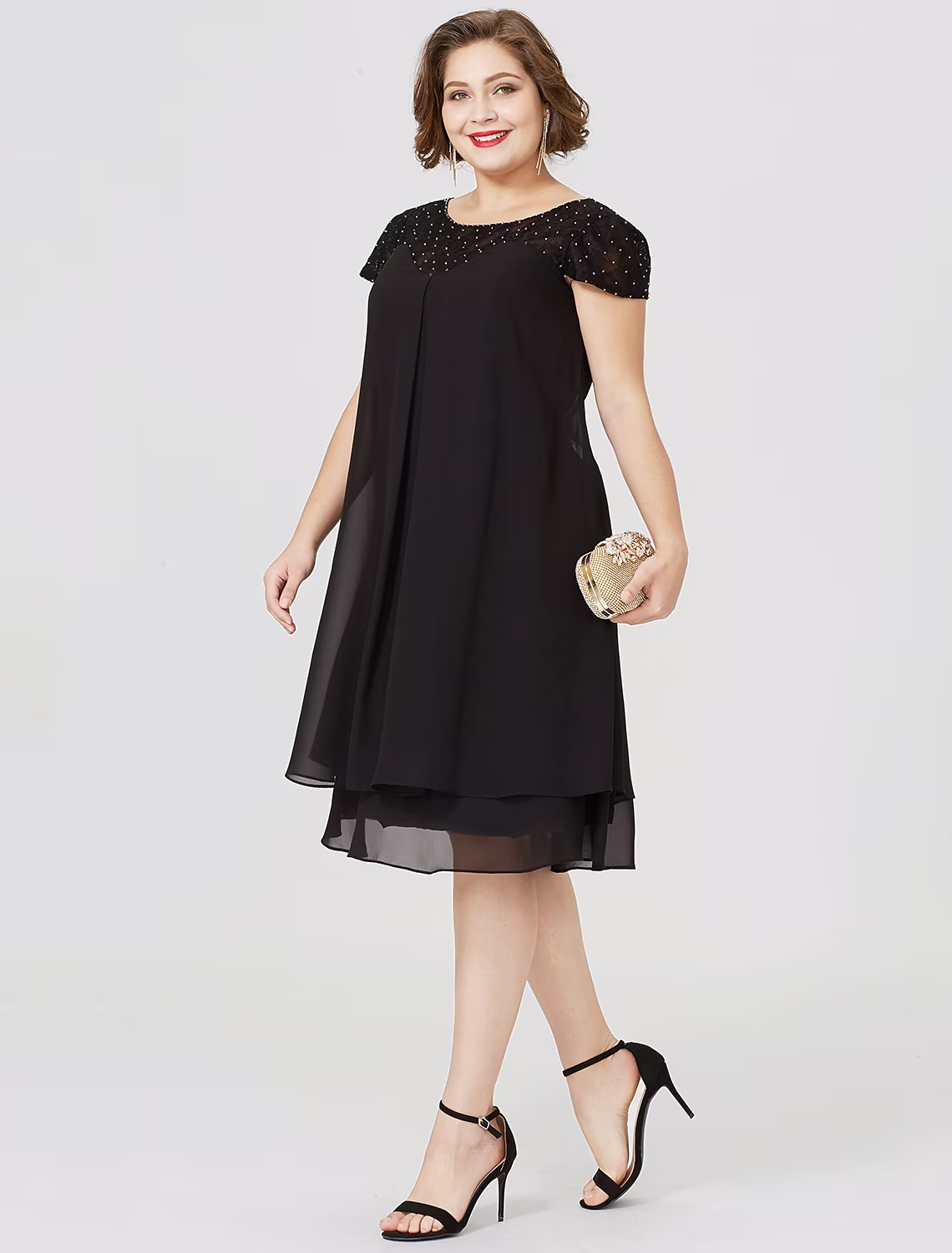 Black Mother of the Bride Dress Formal Little Dress Plus Size Knee Length Short Sleeve No with Pleats Beading