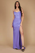 Lavender Spaghetti Strap Cowl Neck Ruched High-Slit Mermaid Train Evening Dress