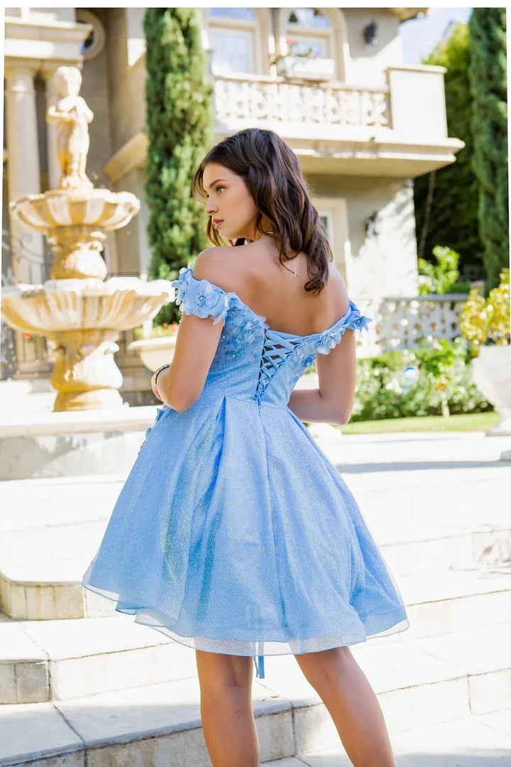 Blue Glitter A-line Off-shoulder Short Lace-up Homecoming Dresses