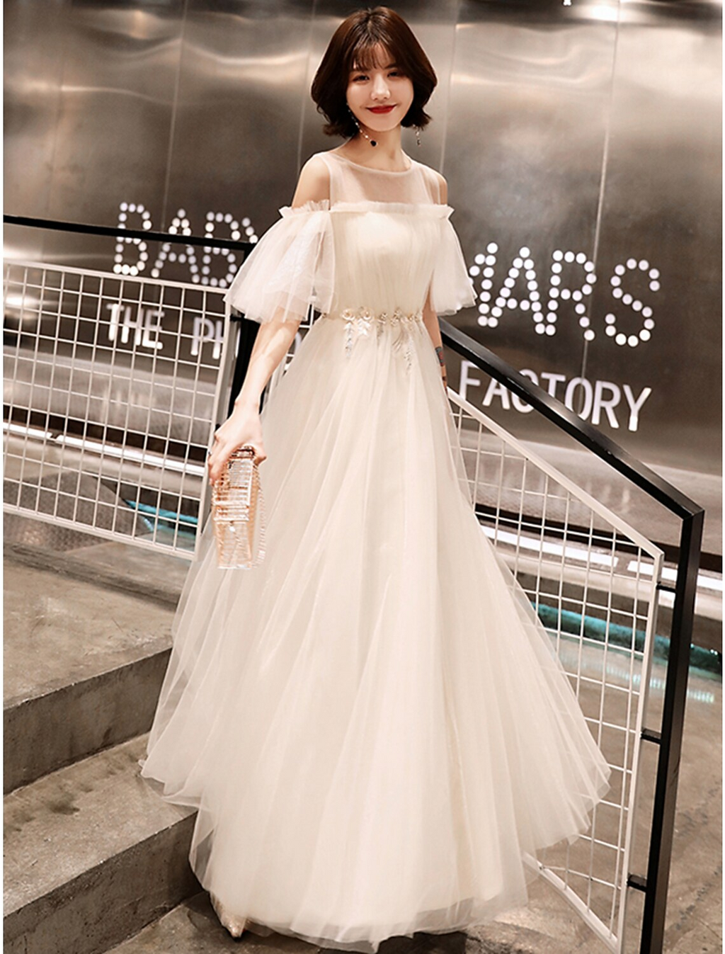 Wedding Guest Floor Length Half Sleeve Illusion Neck with Appliques