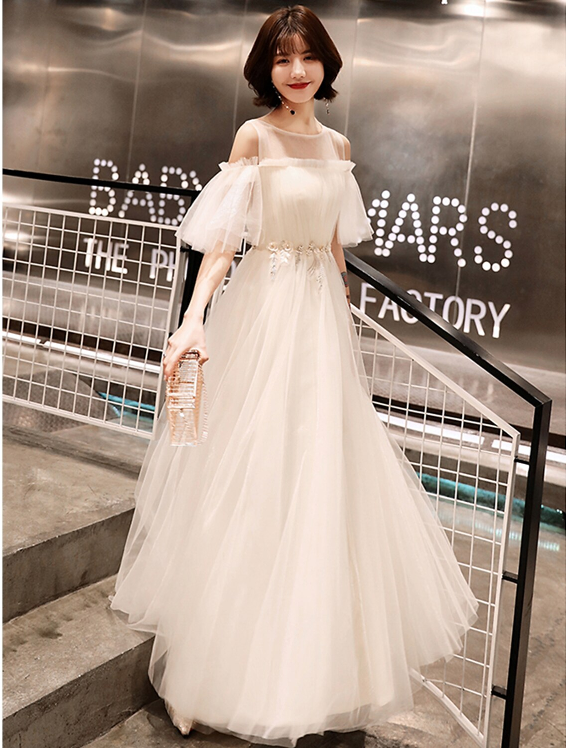 Wedding Guest Floor Length Half Sleeve Illusion Neck with Appliques
