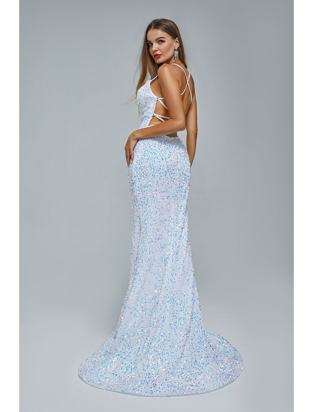 Evening Gown Elegant Dress Party Wear Train Sleeveless Strap Crisscross Back with Slit