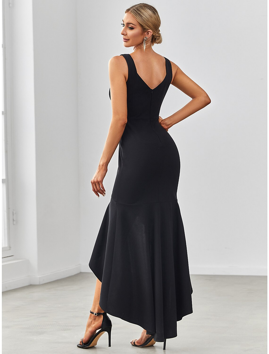 Evening Gown Sexy Dress Formal Asymmetrical Sleeveless V Neck Nylon V Back with Ruffles Drapin