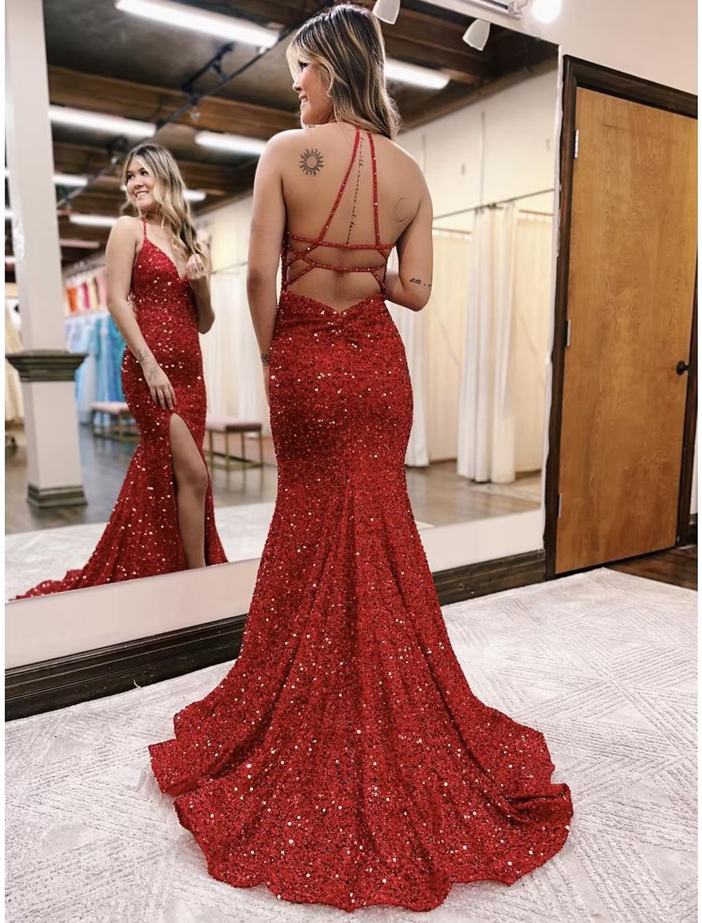 Sparkle Shine Dress Formal Sleeveless V Neck Backless with Slit