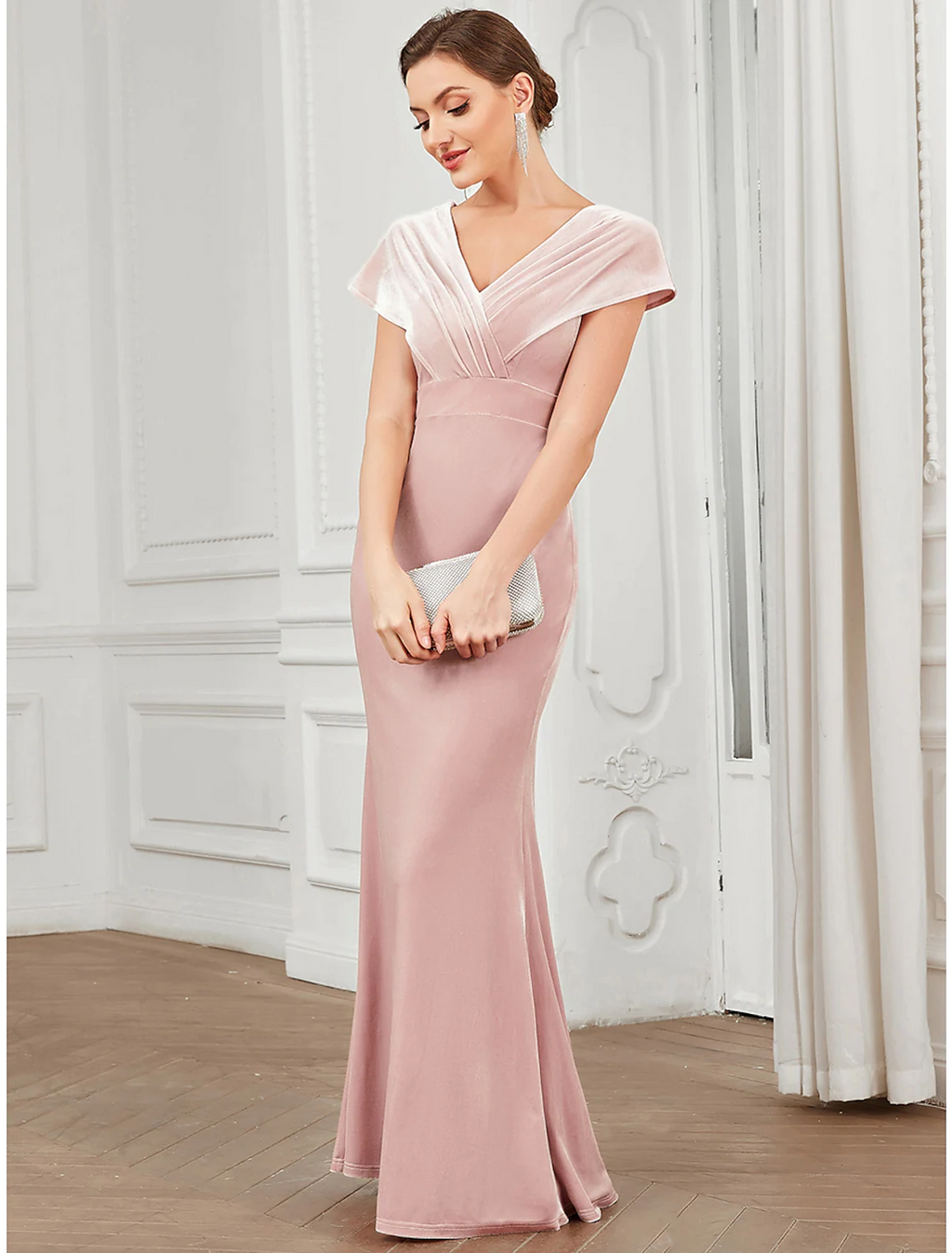 Evening Gown Vintage Dress Floor Length Short Sleeve V Neck V Back with Ruffles