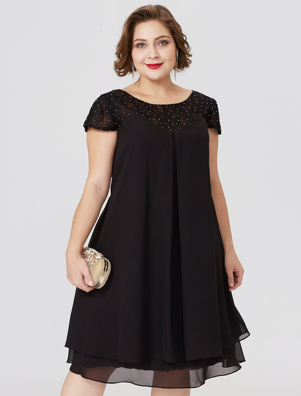 Black Mother of the Bride Dress Formal Little Dress Plus Size Knee Length Short Sleeve No with Pleats Beading