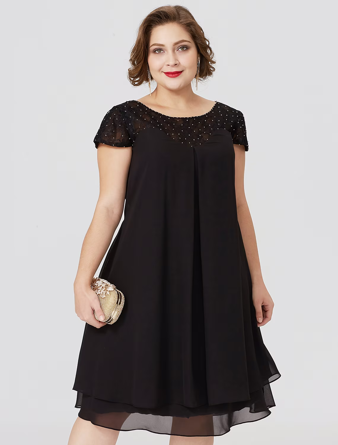 Black Mother of the Bride Dress Formal Little Dress Plus Size Knee Length Short Sleeve No with Pleats Beading