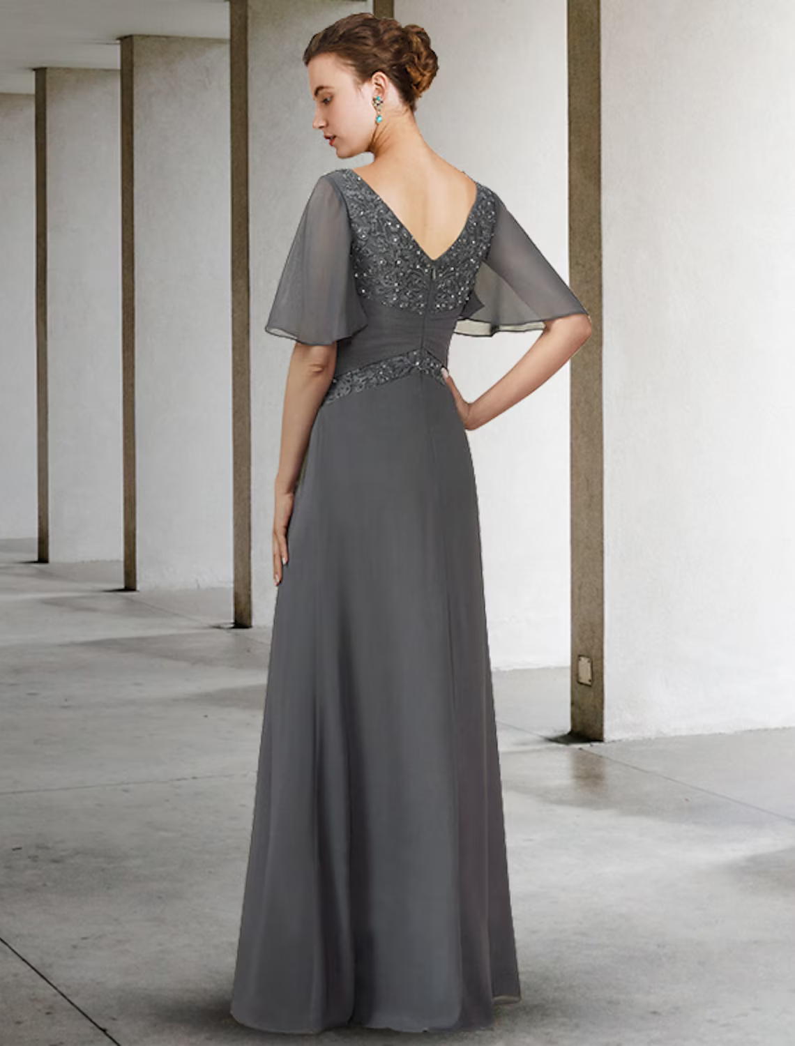 Mother of the Bride Dress Elegant V Neck Floor Length Half Sleeve with Pleats Appliques