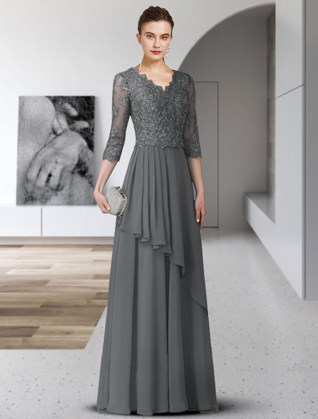 Mother of the Bride Dress Elegant V Neck Floor Length Sleeve with Pleats Appliques