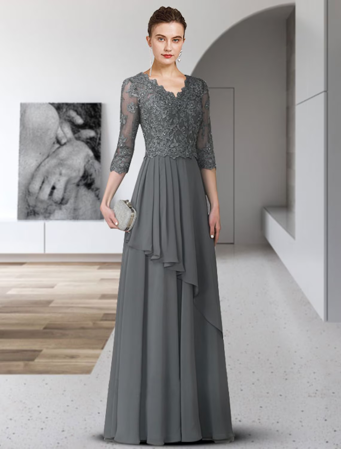 Mother of the Bride Dress Elegant V Neck Floor Length Sleeve with Pleats Appliques