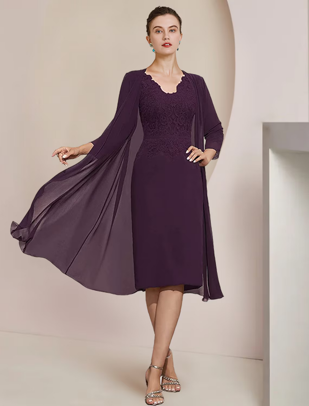 Two Piece Mother of the Bride Dress Formal Wedding Guest Elegant V Neck Knee Length Short Sleeve Dresses with Appliques