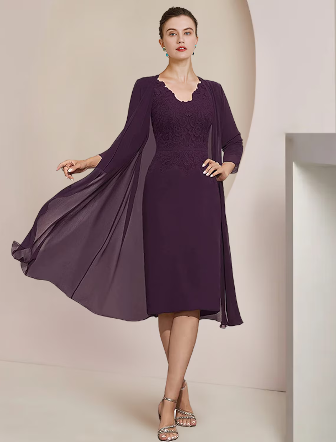 Two Piece Mother of the Bride Dress Formal Wedding Guest Elegant V Neck Knee Length Short Sleeve Dresses with Appliques