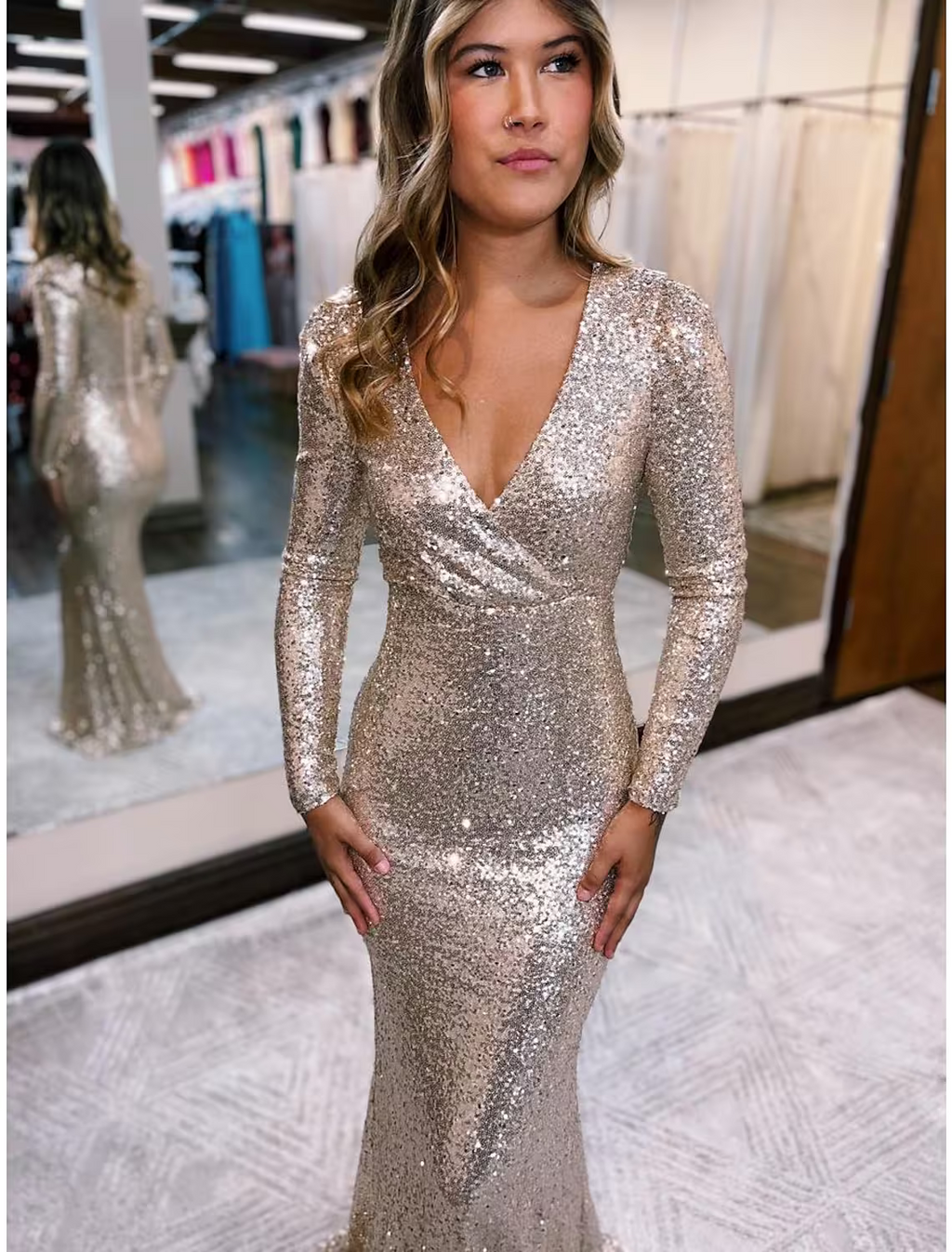 Evening Gown Sexy Dress Formal Floor Length Long Sleeve V Neck