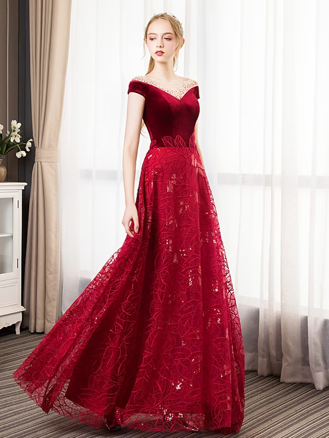Glittering Dress Engagement Floor Length Short Sleeve Jewel Neck with Pleats Crystals Pattern Print
