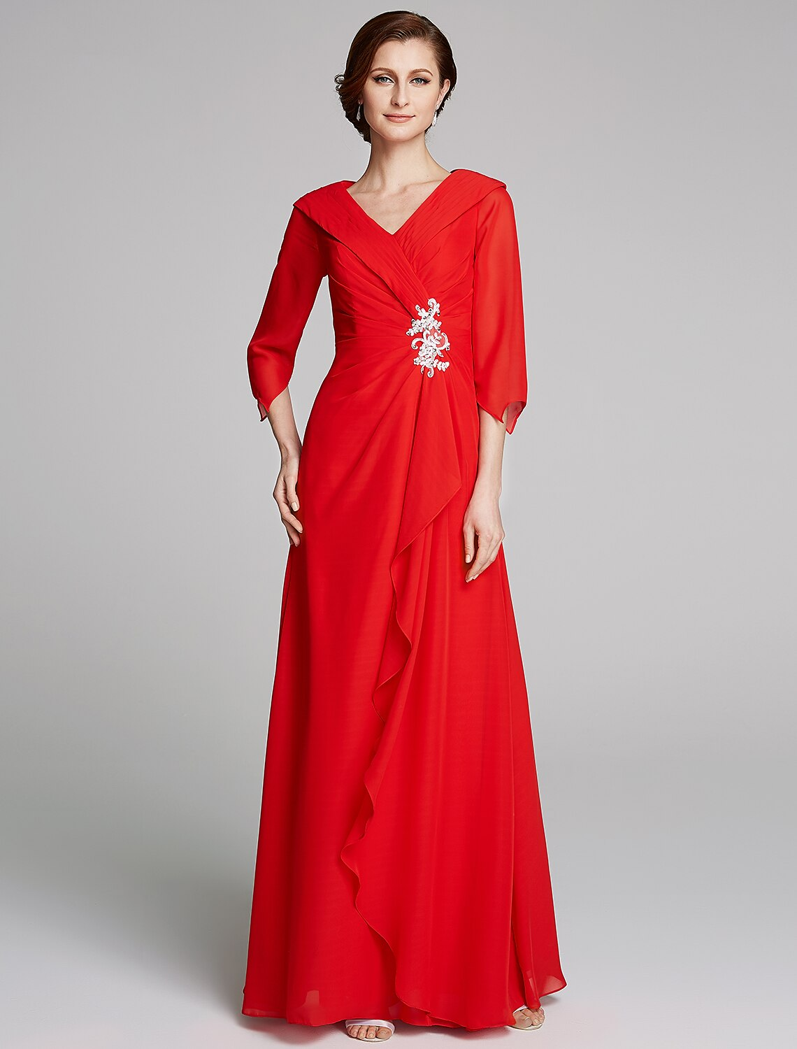 Mother of the Bride Dress Elegant V Neck Floor Length Half Sleeve with Pleats Appliques