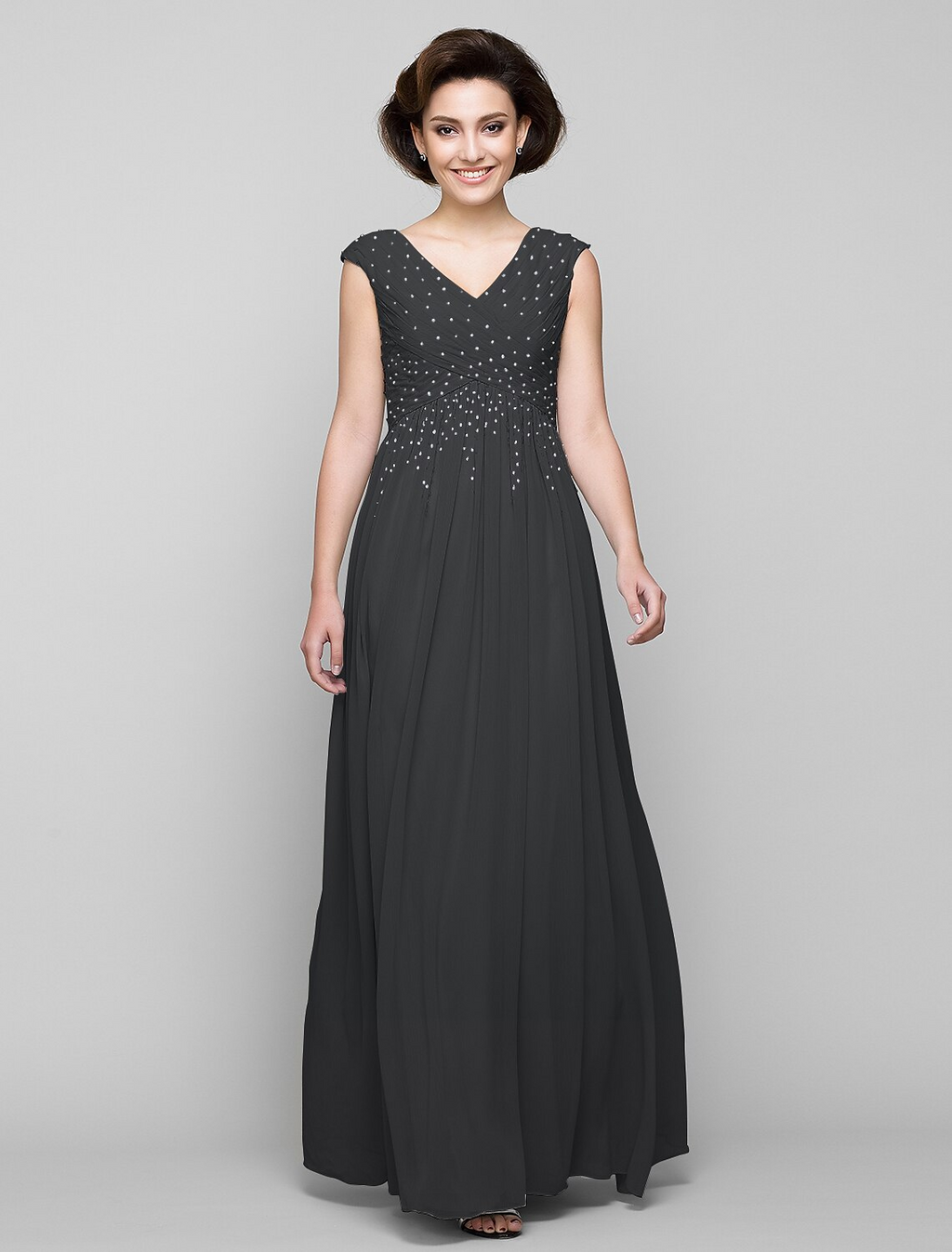 Mother of the Bride Dress Elegant V Neck Floor Length Sleeveless with Cross Beading
