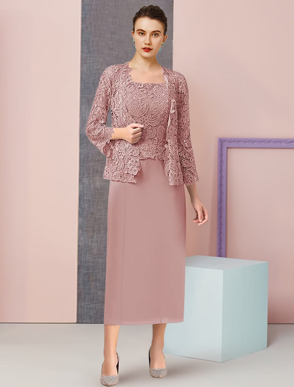 Two Piece Mother of the Bride Dress Formal Wedding Guest Elegant Square Neck Ankle Length Sleeveless Wrap Included with Appliques