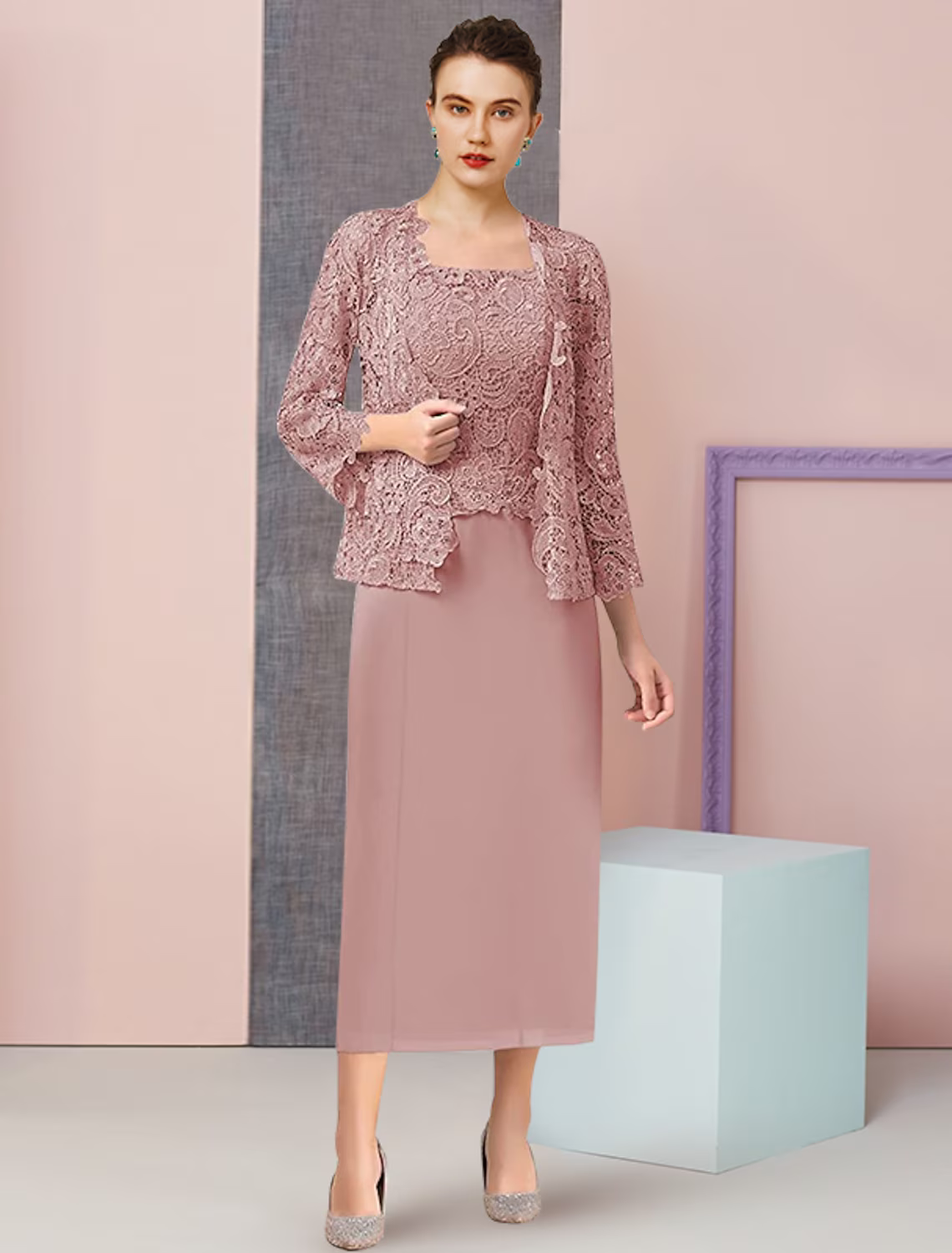 Two Piece Mother of the Bride Dress Formal Wedding Guest Elegant Square Neck Ankle Length Sleeveless Wrap Included with Appliques